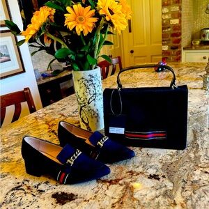 Designer Daniela, classic, elegant, navy blue suede purse with matching loafers